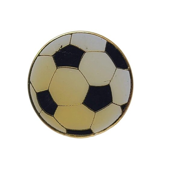 Soccer Ball Enamel Pin Badge Round Gold Tone Lapel Hat Accessory - Picture 1 of 6